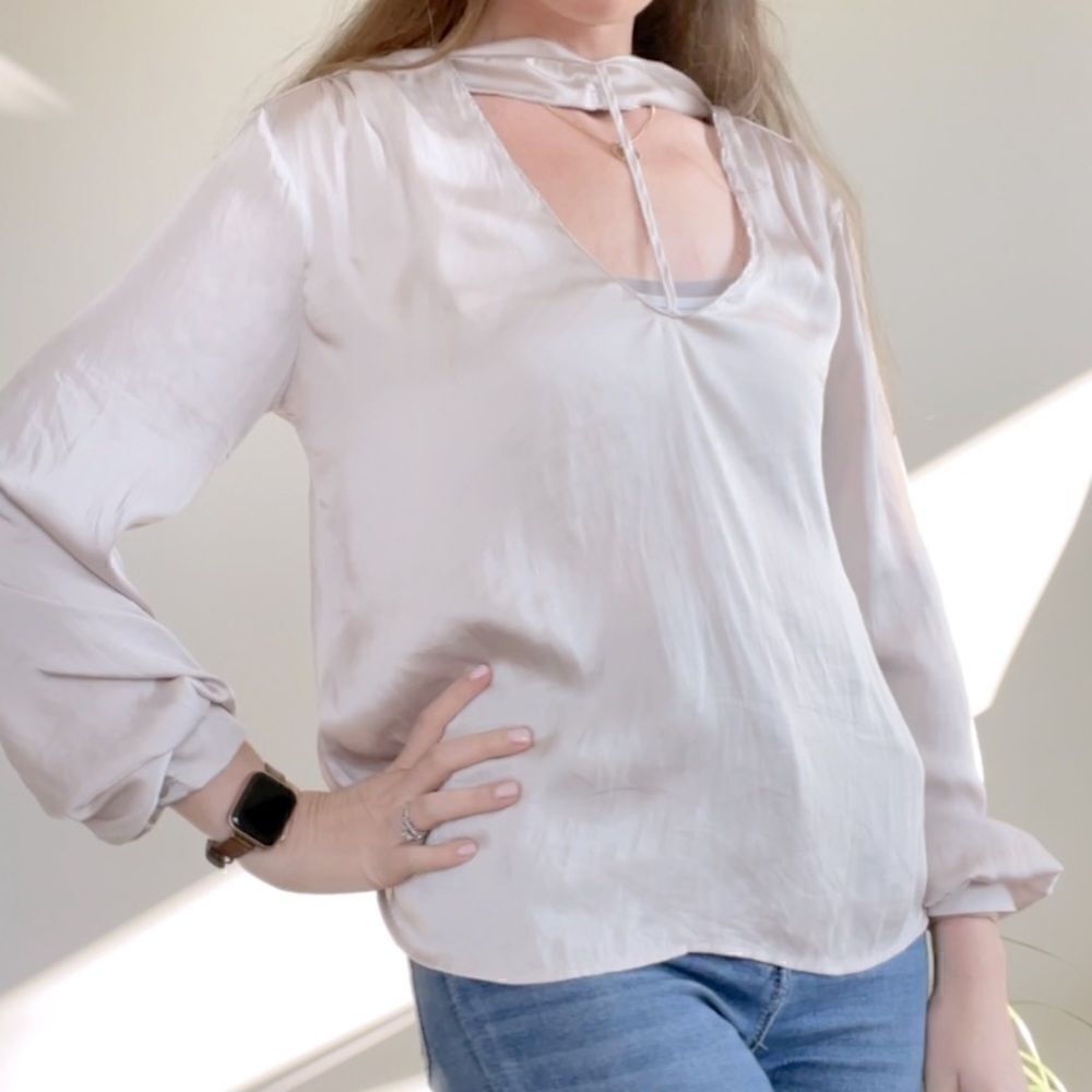 Lush Cream Grey Satin Choker long Sleeve Blouse NWT S